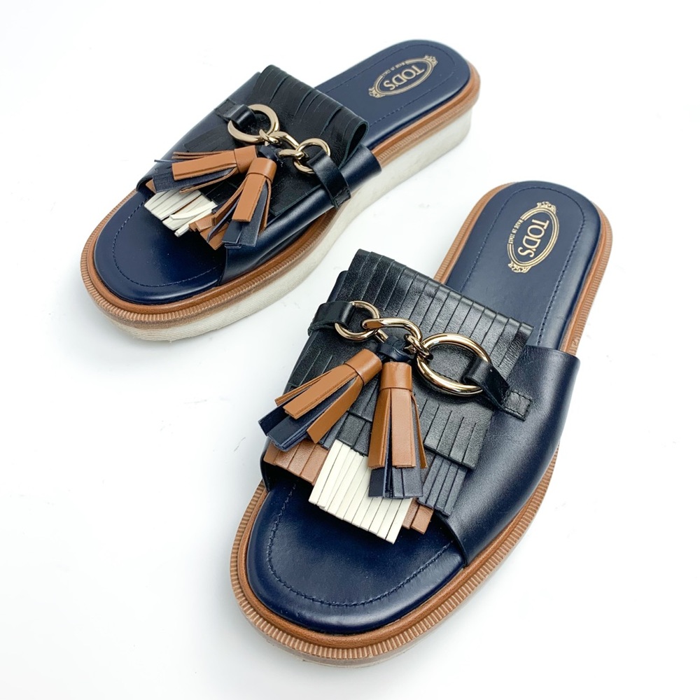 Tod's Navy, Tan & Cream Leather Tassel Slide Sandals